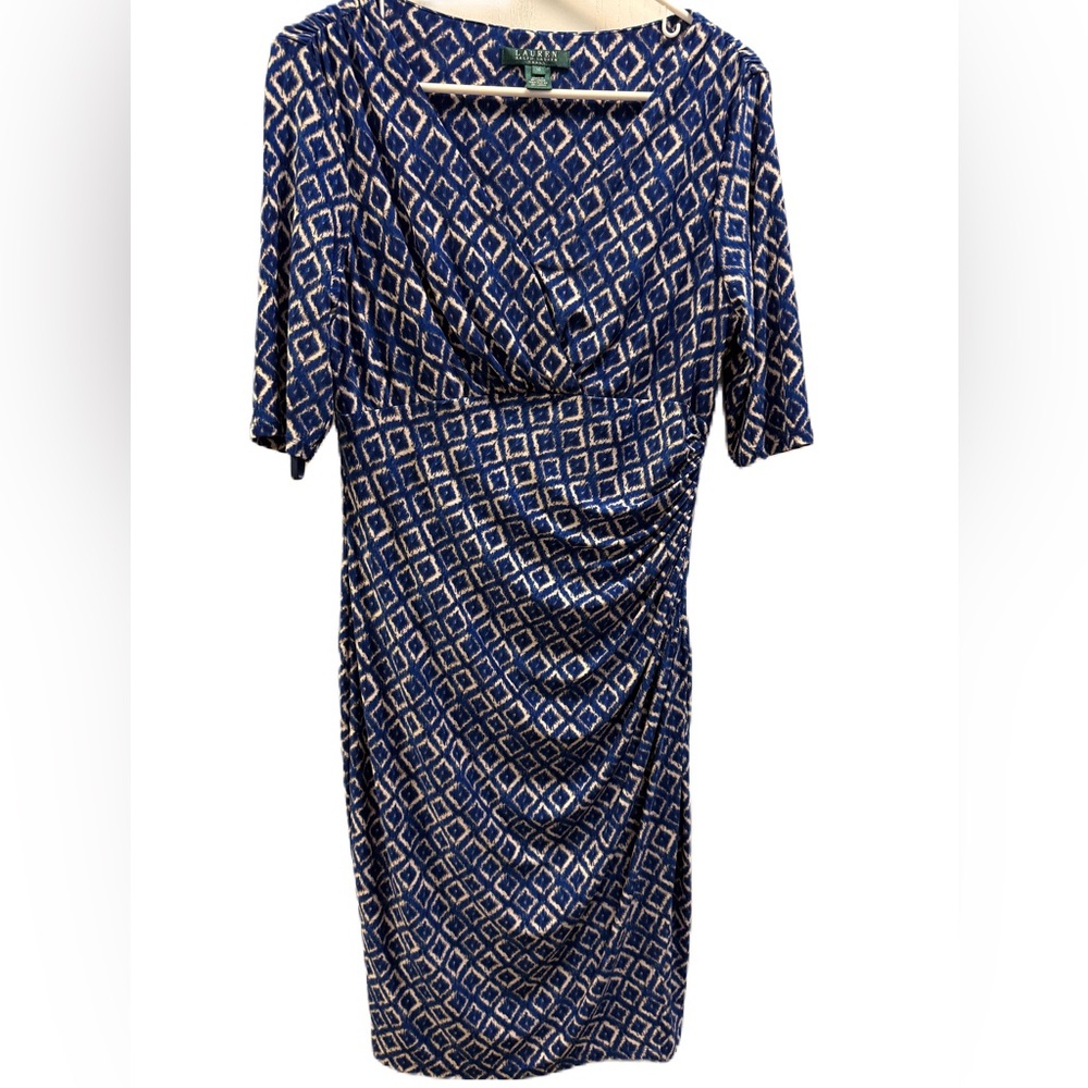 Lauren Ralph Lauren Faux Wrap Dress Geometric Print MIDI Sheath SZ 10 Royal Blue